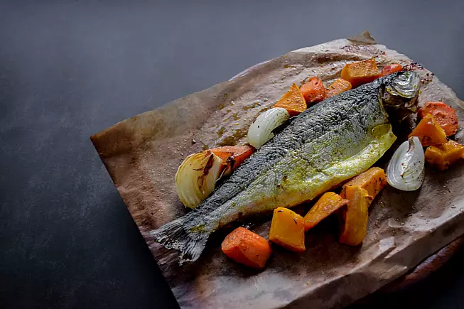 trota salmonata con patate e zucca