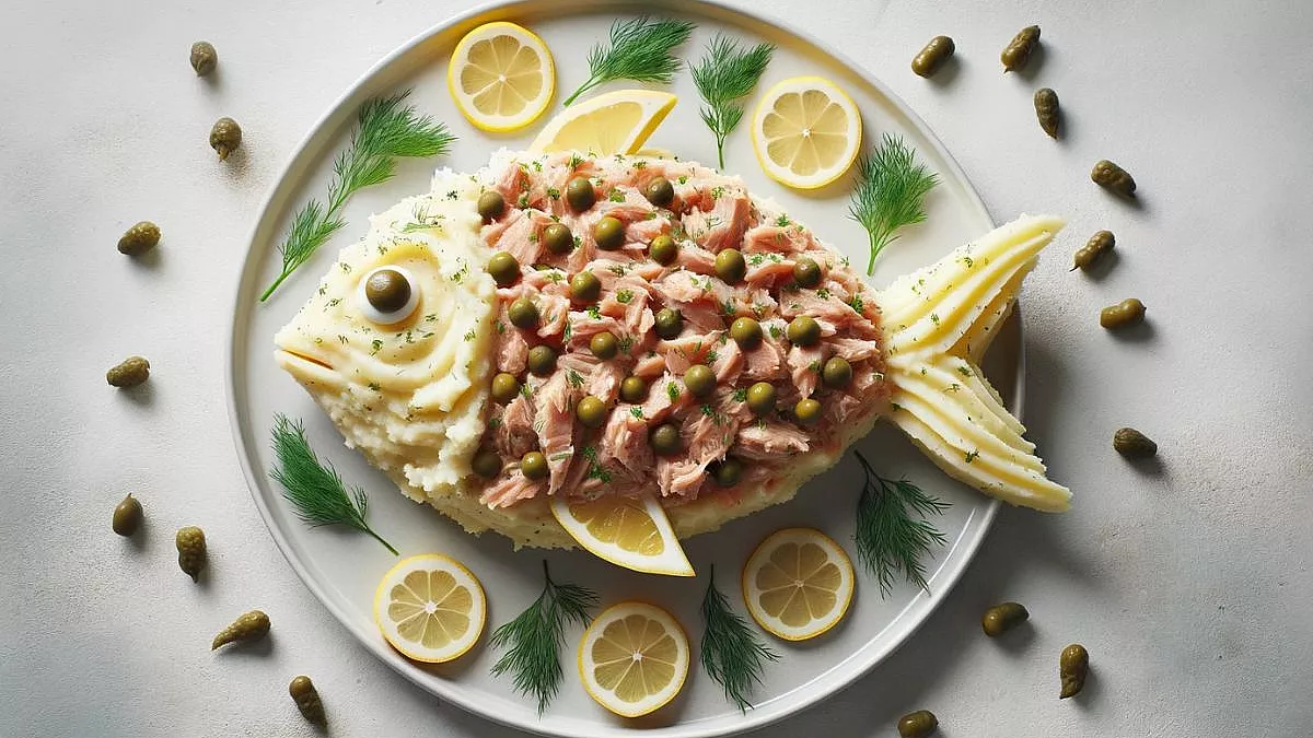 Pesce finto, di patate, tonno, maionese e capperi, su un piatto.
