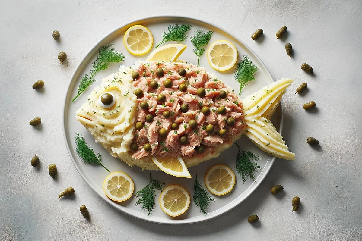 Pesce finto, di patate, tonno, maionese e capperi, su un piatto.