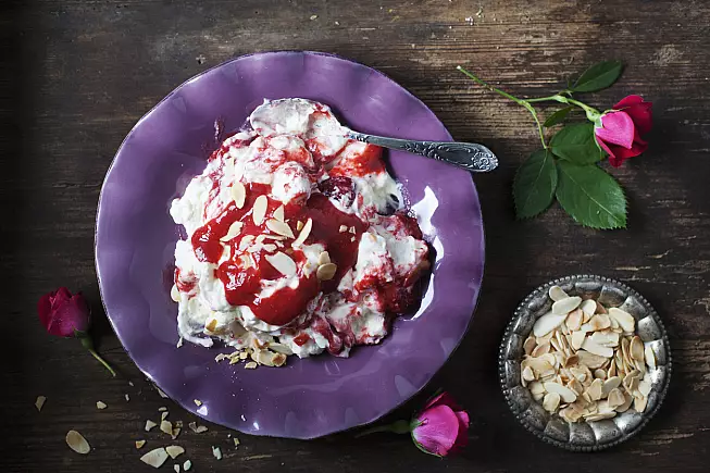 Eton Mess with strawberries and rose oil.