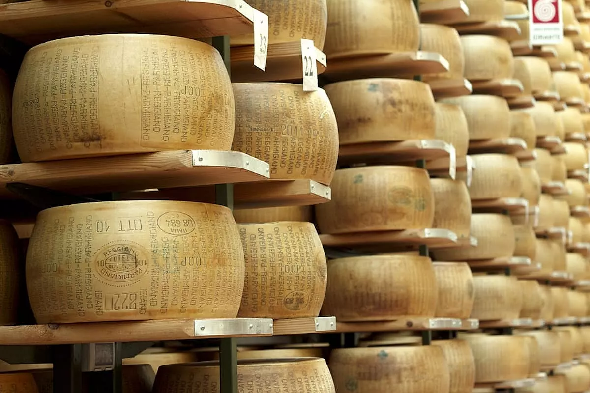 Moltissime forme di Parmigiano Reggiano che stanno stagionando - SH: 167342381