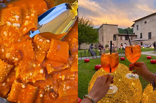 Paccherata e vista con spritz al ristorante nei giardini del Monastero di Astino