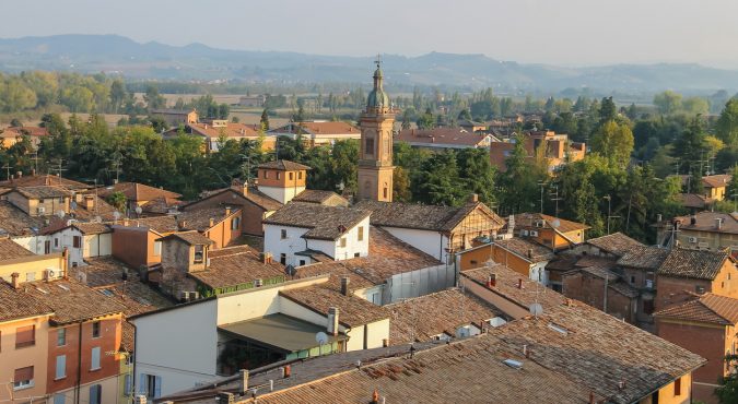Historic center of Spilamberto, Italy. Top view from fortress