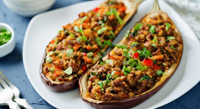 Minced meat quinoa vegetables stuffed eggplants