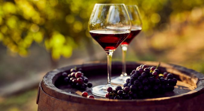 Two glasses of red wine in the vineyard